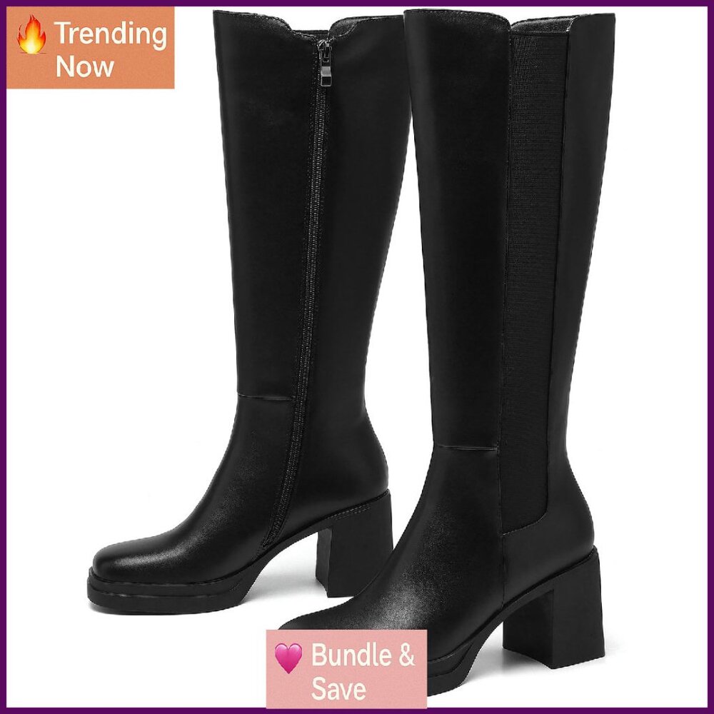 Knee High Boots Square Toe 3 Inch Chunky Heel Platform Elastic Stretch